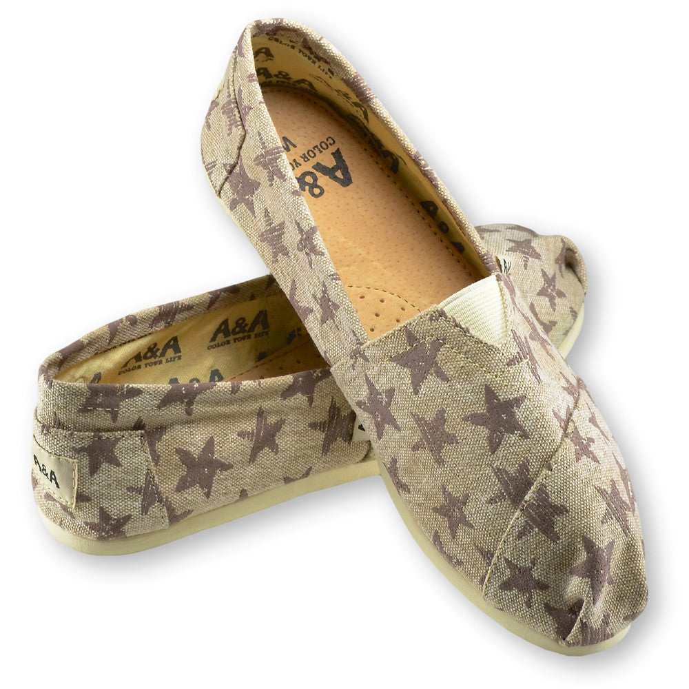 Vintage Stars Brown Beige Canvas Slip On Shoes for Women
