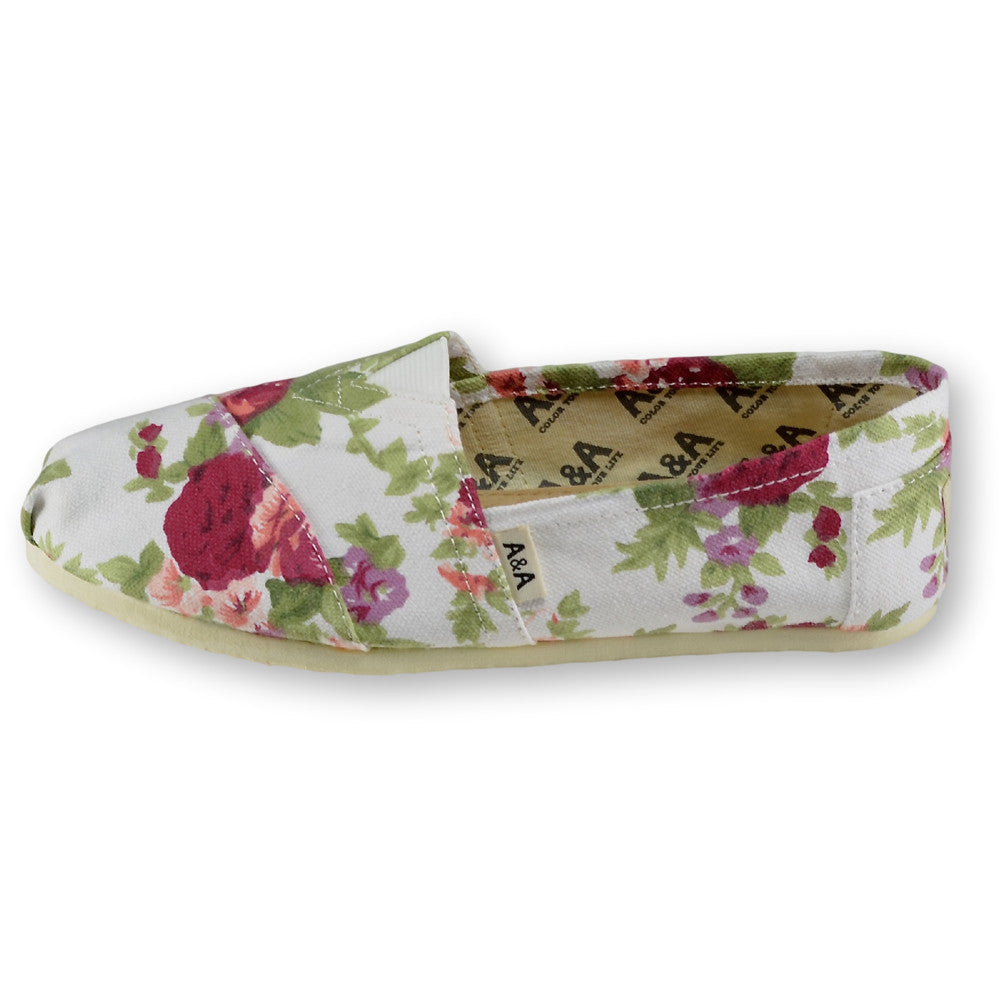 Floral White Canvas Slip On Shoes for Women A&A